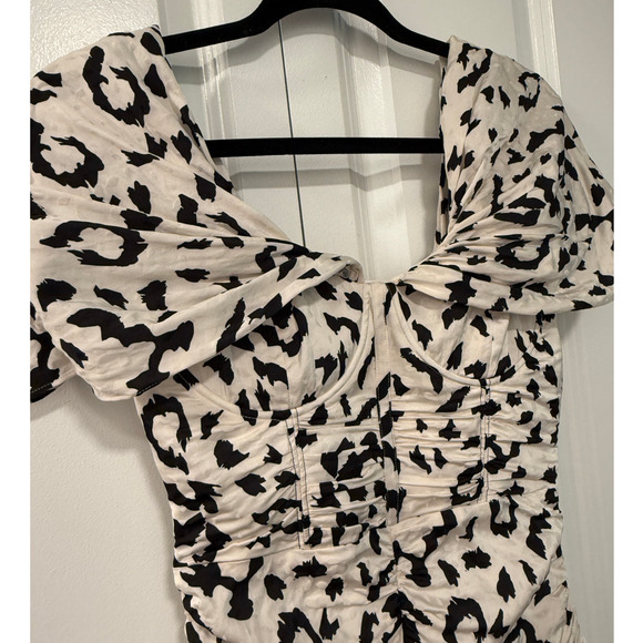 Self-Portrait 4 Off Shoulder Leopard Mini Dress Ruched Corset Black Cream XS - Picture 6 of 11